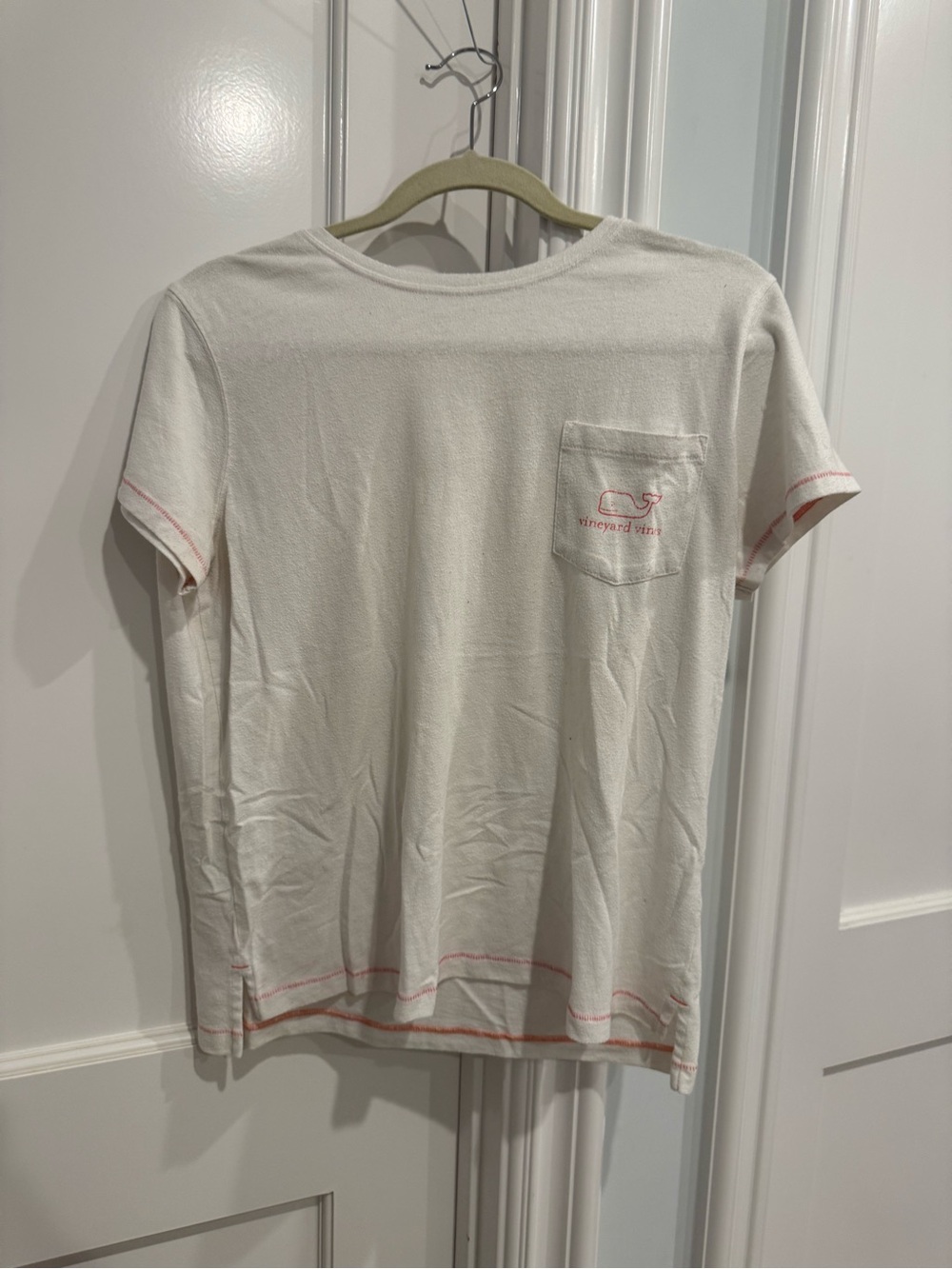Vineyard Vines Off-White Short Sleeve Pocket Tee with Pink Stitching